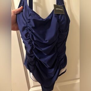Elegant Blue One Piece Swimsuit with Ruching